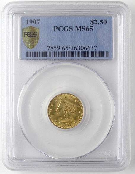アンティークコイン　アメリカ　2.5ドル金貨 1907 ＄2 1/2 PCGS MS65リバティヘッド