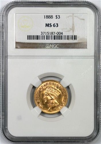 アンティークコイン アメリカ 3ドル金貨インディアンプリンスヘッド1888 $3 NGC MS63