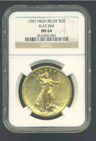 20ドル金貨セントゴーデンズ　ハイリリーフ1907 St. Gaudens ＄20 High Relief Flat Rim MS64 NGC未使用