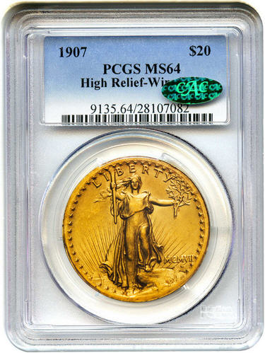 20ドル金貨セントゴーデンズ　ハイリリーフ1907 St. Gaudens ＄20 High Relief Wire Rim - PCGS/CAC MS64未使用