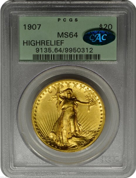 20ドル金貨セントゴーデンズ　ハイリリーフ1907 St. Gaudens ＄20 High Relief - PCGS/CAC MS64未使用