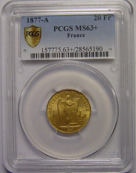 フランス20フラン金貨　France 20 Francs 1877 Gold PCGS MS63