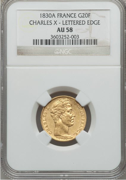 フランス20フラン金貨　1830A France 20 Francs Gold NGC AU55 Lettered Edge - Charles X