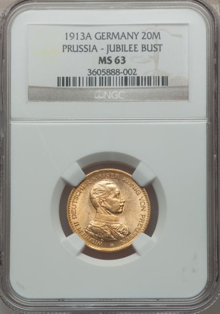 【動画あり】ドイツ　20マルク金貨　Prussia. Wilhelm II gold 20 Mark 1913-A, KM537, MS63 NGC