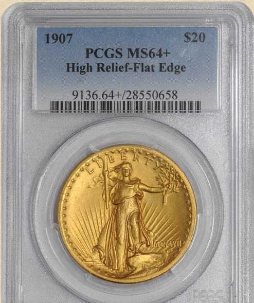 20ドル金貨セントゴーデンズ　ハイリリーフ1907 St. Gaudens ＄20 High Relief FLAT EDGE- PCGS MS64＋未使用