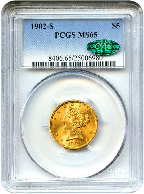 アンティークコイン　アメリカ　5ドル金貨リバティヘッド 1902-S ＄5 PCGS/CAC MS65