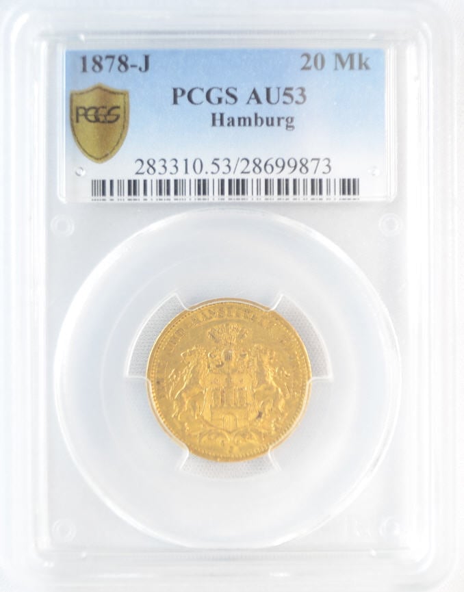 【動画あり】ドイツ　20マルク金貨　GERMAN STATES HAMBURG 20 Mark KM# 602　PCGS AU53