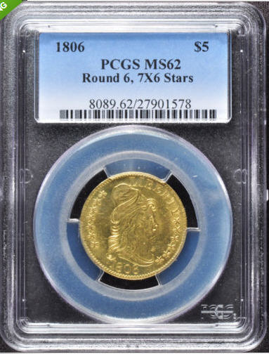 アンティークコイン　アメリカ　ドレープドバスト5ドル金貨1806 DRAPED BUST ＄5 PCGS MS 62