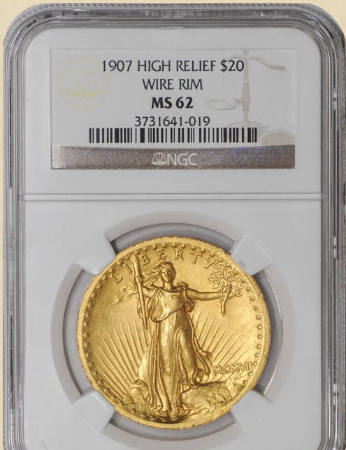 20ドル金貨セントゴーデンズ　ハイリリーフ1907 St. Gaudens ＄20 High Relief Wire Rim - NGC MS62未使用