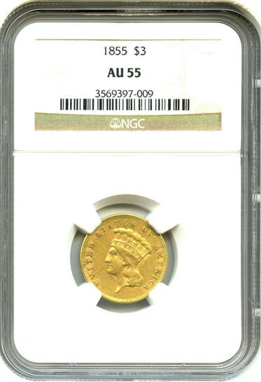 アンティークコイン　アメリカ　3ドル金貨インディアンプリンスヘッド1855 ＄3 NGC AU55