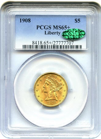 アンティークコイン　アメリカ　5ドル金貨リバティヘッド 1908 Liberty ＄5 PCGS/CAC MS65＋