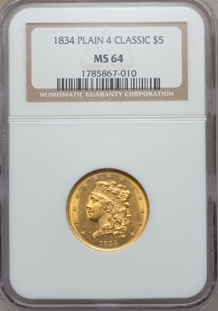 アンティークコイン　アメリカ　5ドル金貨1834 ＄5 Plain 4クラシックヘッドMS64 NGC.
