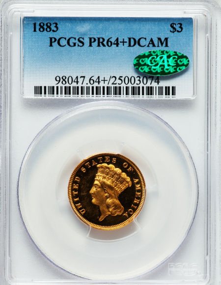 アンティークコイン アメリカ 3ドル金貨インディアンプリンスヘッド1883 $3 Proof64+ Deep Cameo PCGS. CAC