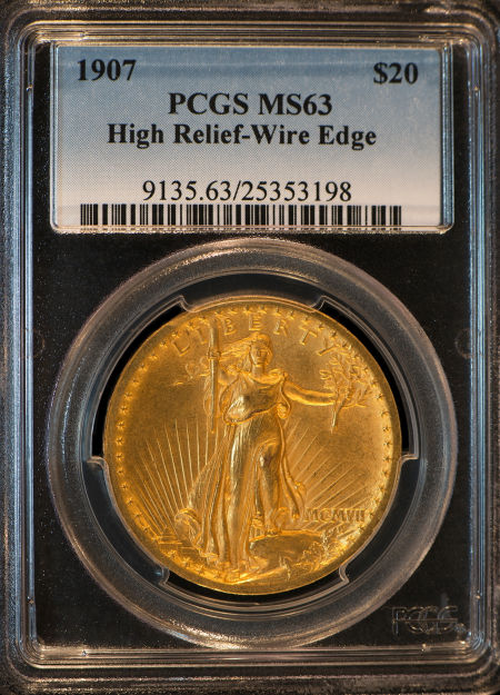 20ドル金貨セントゴーデンズ　ハイリリーフ1907 St. Gaudens ＄20 High Relief Wire Rim - NGC MS63未使用
