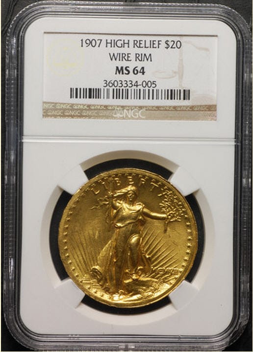 20ドル金貨セントゴーデンズ　ハイリリーフ1907 ＄20 NGC MS64 High Relief Wire RIM