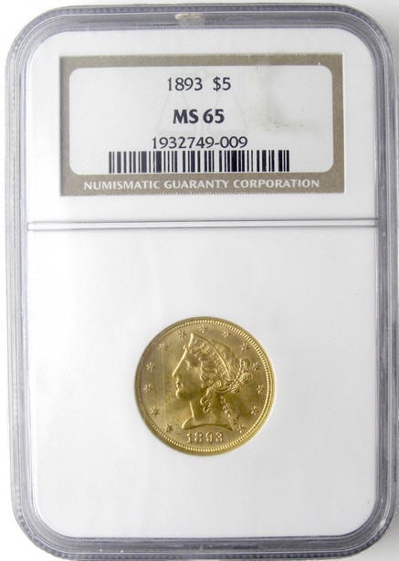 【動画あり】アンティークコイン　アメリカ　5ドル金貨リバティヘッド 1893 Liberty ＄5 NGC MS65