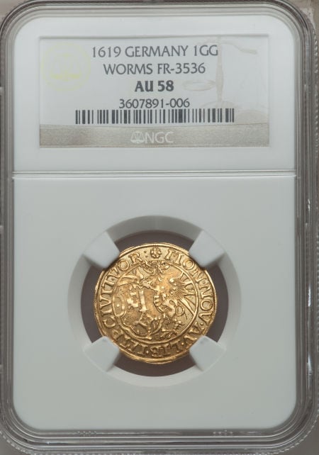 ドイツ1ゴールドゴールデン金貨　German States: Worms. Free Imperial City Goldgulden 1619,KM49, Fr-3536, AU58 NGC
