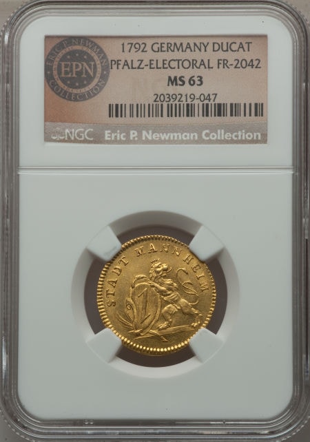 ドイツ1ダカット金貨　German States Pfalz. Karl Theodor von Sulzbach gold Ducat 1792,KM489, Fr-2042, MS63 NGC. One-year type