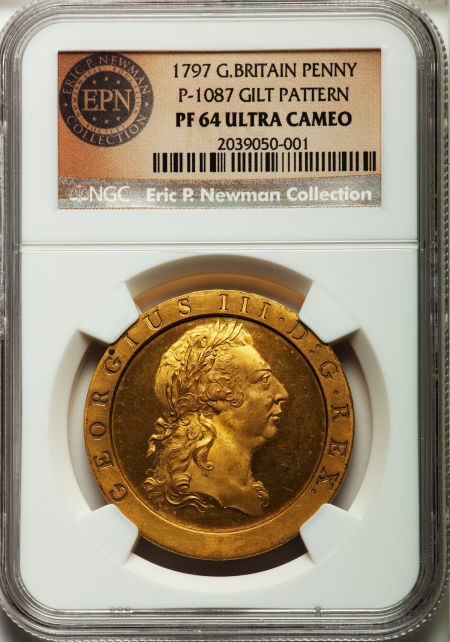 イギリス　ペニー銅貨　Great Britain: George III gilt Pattern Penny 1797Peck-1087 (rare), plain edge, PR64 Ultra Cameo NGC