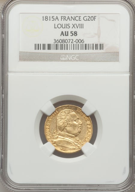 【動画あり】フランス20フラン金貨　Louis XVIII gold 20 Francs 1815-A, KM706.1, AU58 NGC