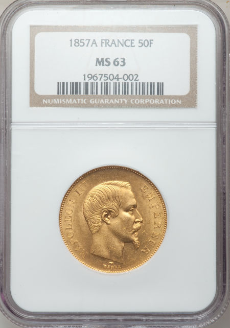 フランス50フラン金貨　Napoleon III gold 50 Francs 1857-A, KM785.1, MS63 NGC