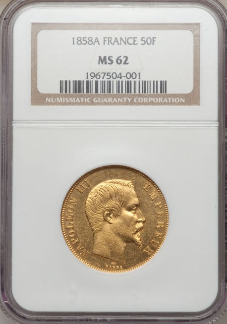 【動画あり】フランス50フラン金貨　Napoleon III gold 50 Francs 1858-A, KM785.1, MS62 NGC
