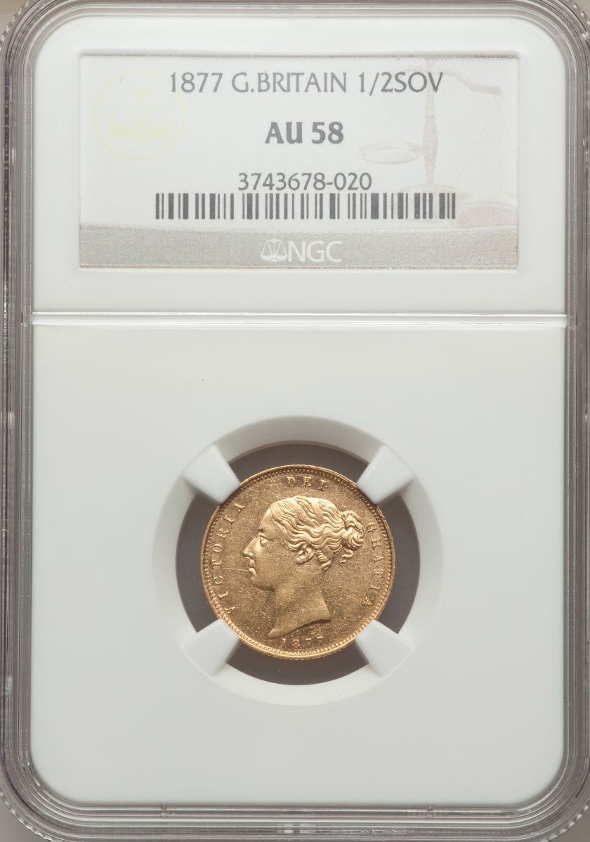 【動画あり】イギリス　1/2ソブリン金貨　Great Britain: Victoria gold Half Sovereign 1877, S-3860D, KM735.2, Young Head, Die #25, AU58 NGC