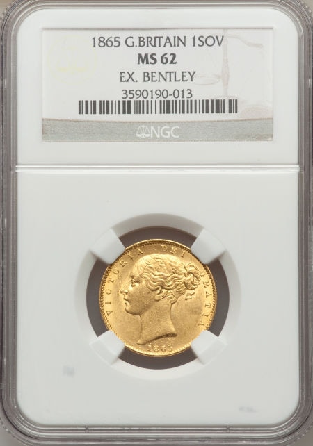 イギリス　ソブリン金貨　Great Britain: Victoria gold Sovereign 1865, S-3853, KM736.2, Young Head, Die #16, MS62 