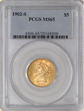 アンティークコイン　アメリカ　5ドル金貨リバティヘッド 1902-S ＄5 GOLD LIBERTY MS65 PCGS
