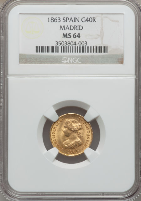 【動画あり】スペイン　イザベル2世　40レアル金貨　Isabel II gold 40 Reales 1863, Madrid mint, KM616.2, MS64 NGC