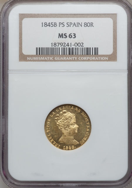 【動画あり】スペイン　イザベル2世　80レアル金貨　Isabella gold 80 Reales 1845-PS, KM578.1, MS63 NGC