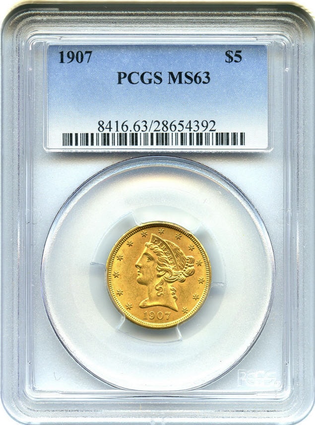 アンティークコイン　アメリカ　5ドル金貨リバティヘッド 1907 ＄5 PCGS MS63