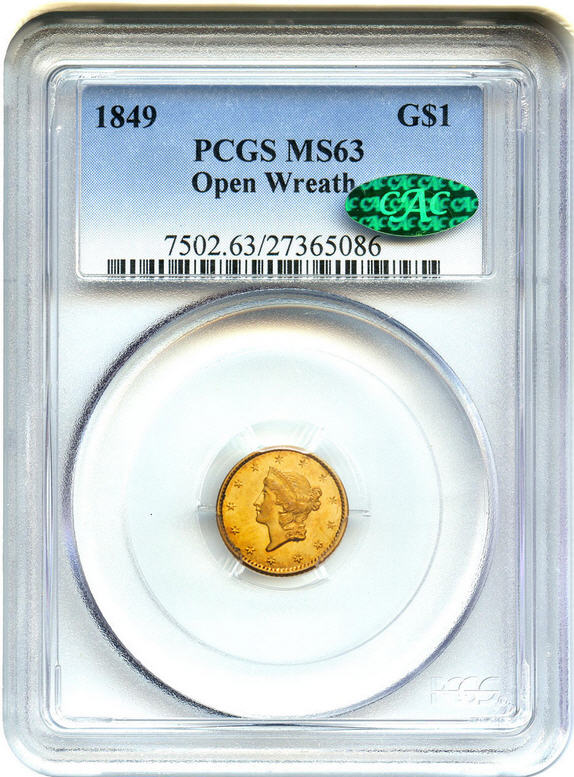 アンティークコイン アメリカ ゴールドダラー1ドル金貨 1849 G$1 PCGS/CAC MS63 (Open Wreath)