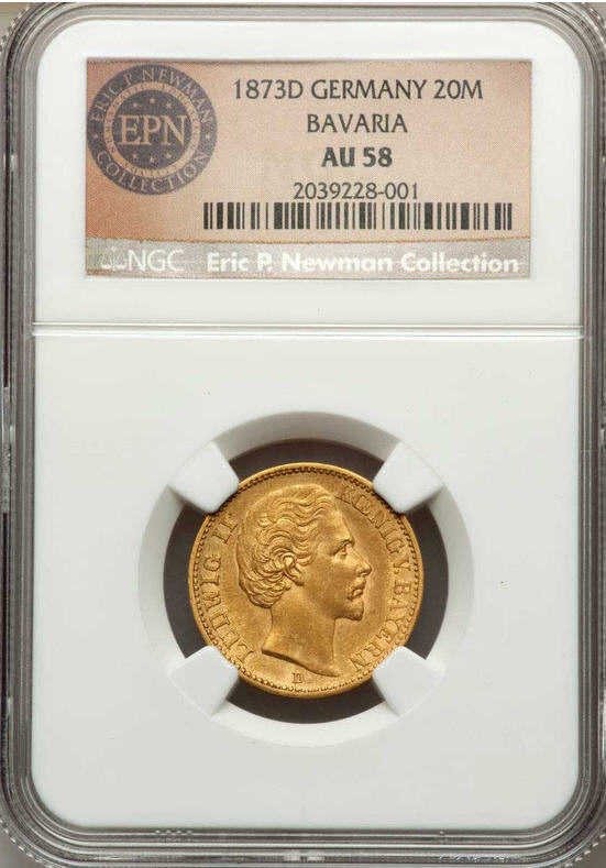 ドイツ　20マルク金貨　German States Bavaria. Ludwig II Gold 20 Mark 1873-D NGC AU58