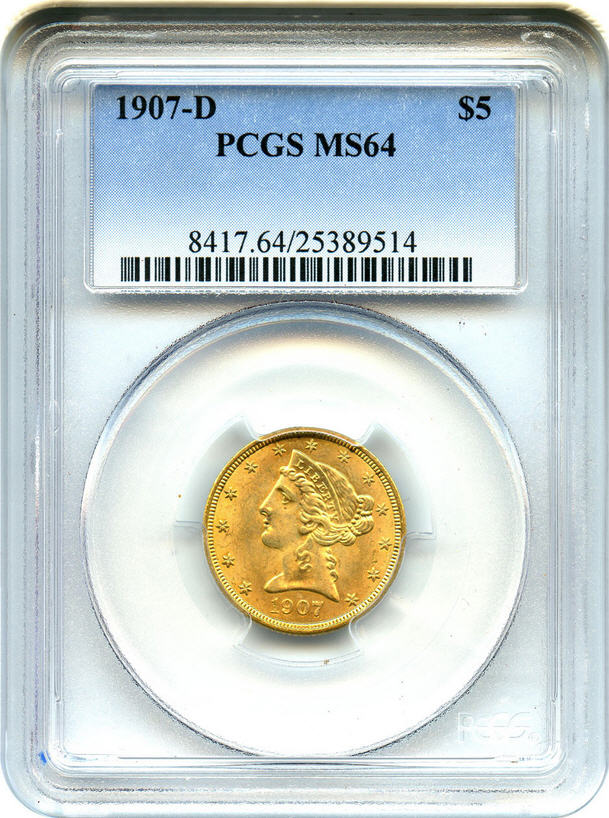 アンティークコイン　アメリカ　5ドル金貨リバティヘッド 1907-D ＄5 PCGS MS64