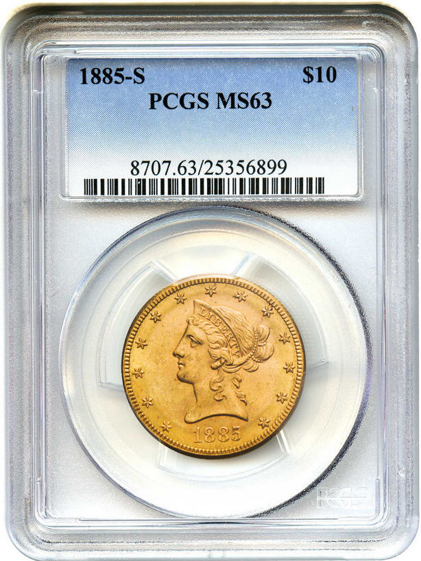 アンティークコイン　アメリカ　10ドル金貨リバティヘッド 1885-S ＄10 PCGS MS63