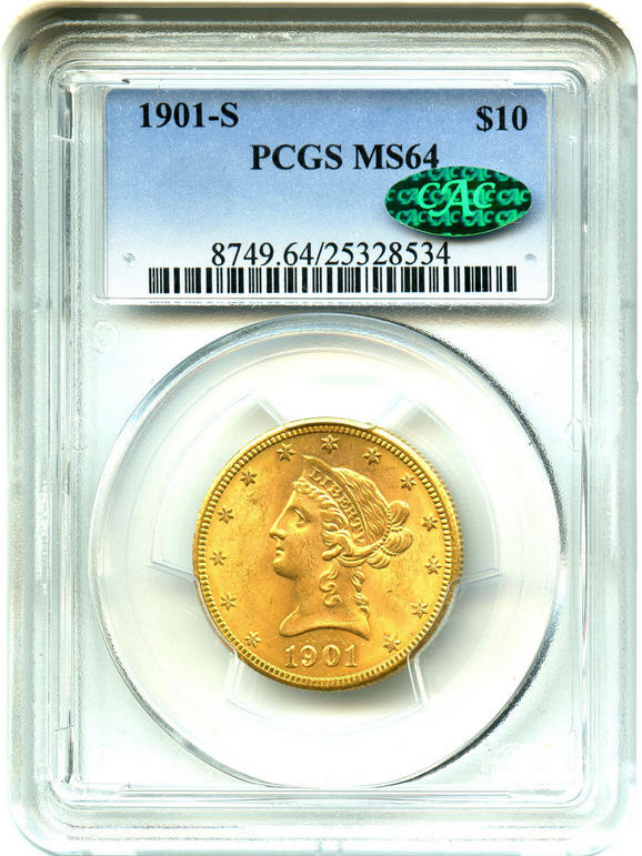 アンティークコイン　アメリカ　10ドル金貨リバティヘッド 1901-S ＄10 PCGS/CAC MS64＋