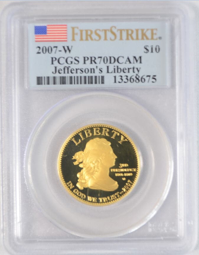 【動画あり】2007-W 10ドル金貨　ジェファーソン　リバティ　＄10 PCGS PR70(First Strike)