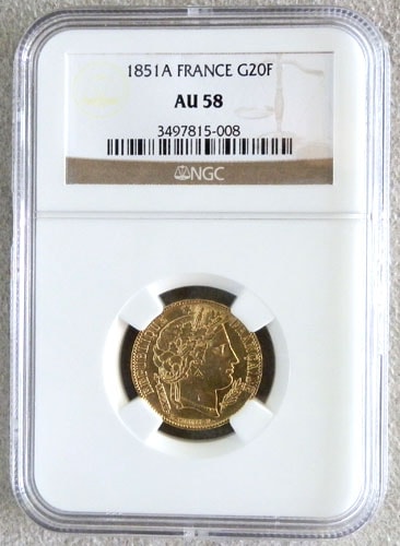 【動画あり】フランス20フラン金貨　1851 A GOLD FRANCE 20 FRANCS LIBERTY HEAD  NGC AU58