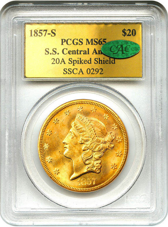 アンティークコイン アメリカ 20ドル金貨リバティヘッド 1857-S $20 PCGS/CAC MS65