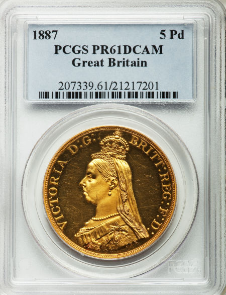 【動画あり】グレートブリテン5ポンドプルーフ金貨　Great Britain: Victoria gold 5 Pounds 1887 PCGS PR61DCAM