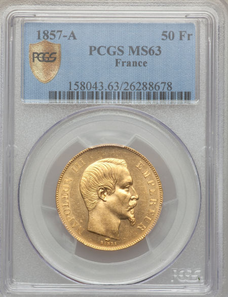 フランス金貨 エンペラー ナポレオン III　Napoleon III gold 50 Francs 1857-A, KM785.1MS63 PCGS