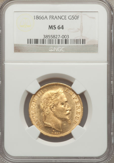 フランス50フラン金貨 エンペラー ナポレオン III　Napoleon III gold 50 Francs 1866-A, Paris mint, KM804.1, Fr-582, MS64 NGC