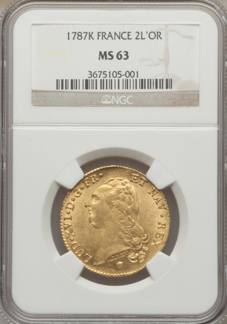 フランス 2ルイドール金貨　Louis XVI gold 2 Louis d'or 1787-K, Bordeaux mint, KM592.8 MS63 NGC