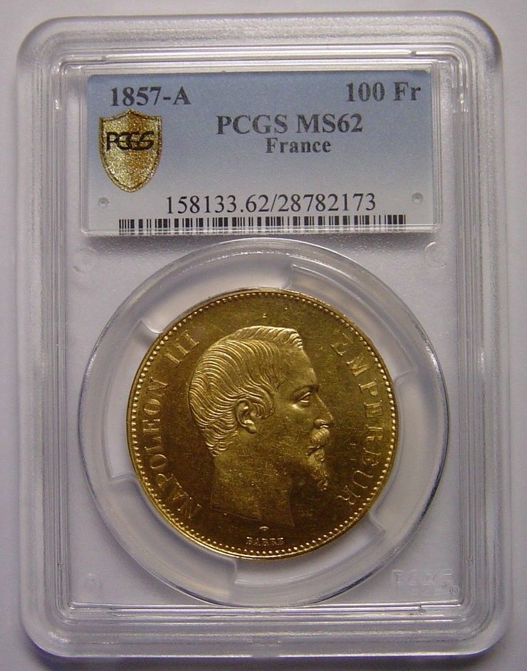 【動画あり】アンティークコイン フランス金貨 エンペラー ナポレオン III　Napoleon III gold 100 Francs 1857-A MS62 PCGS