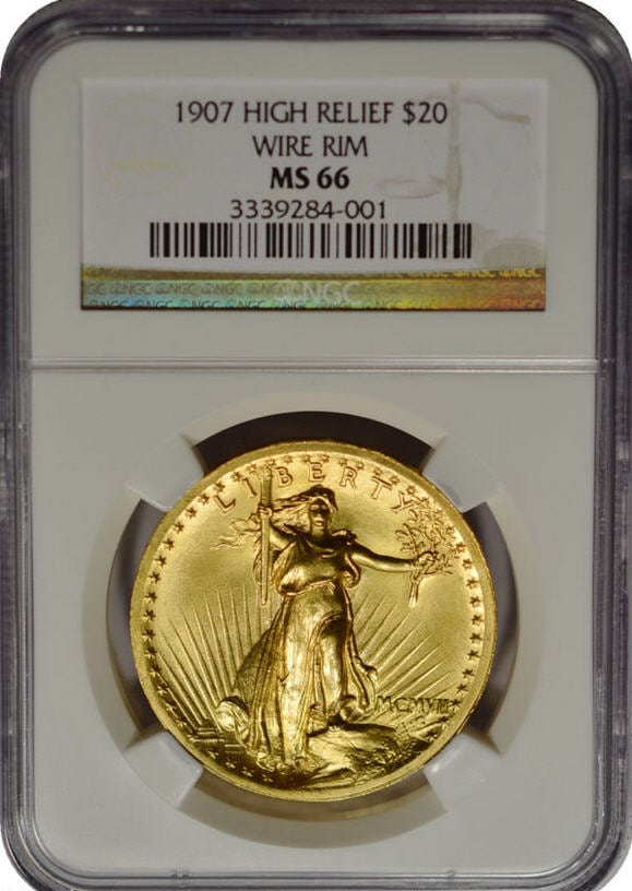 20ドル金貨セントゴーデンズ　ハイリリーフ1907 ＄20 NGC MS 66 High Relief Wire RIM