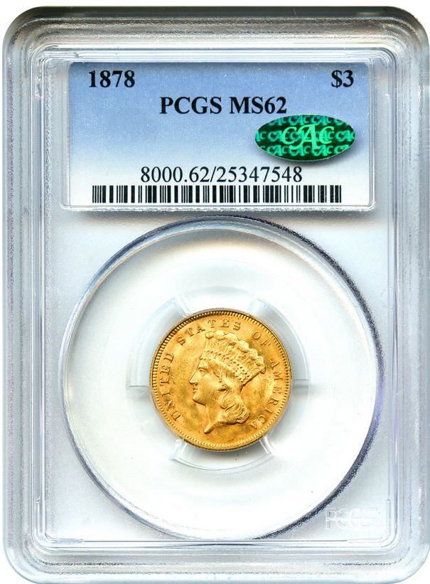アンティークコイン　アメリカ　3ドル金貨インディアンプリンスヘッド1878 ＄3 PCGS/CAC MS62