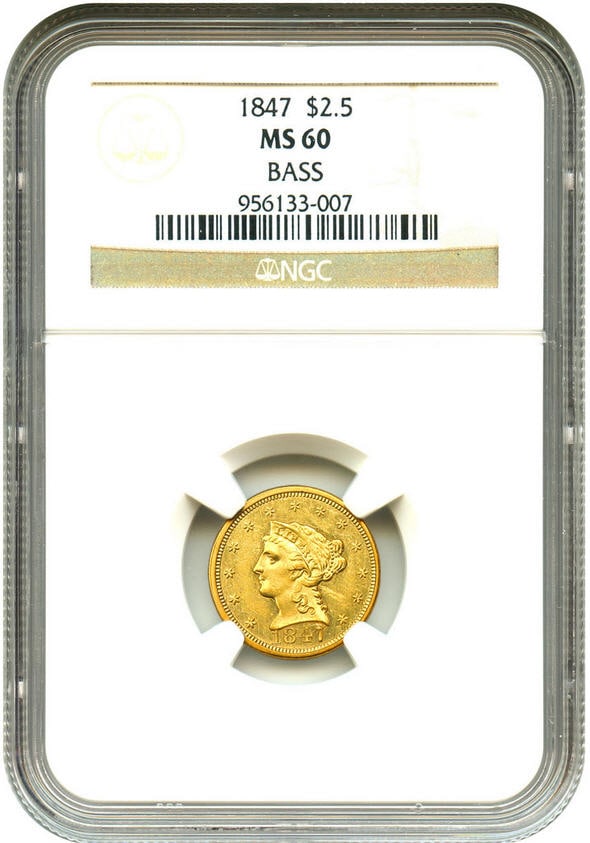 アンティークコイン　アメリカ　2.5ドル金貨 1847 ＄2 1/2 NGC MS60リバティヘッド