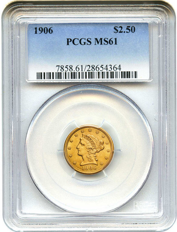 アンティークコイン　アメリカ　2.5ドル金貨 1906 ＄2 1/2 PCGS MS61リバティヘッド