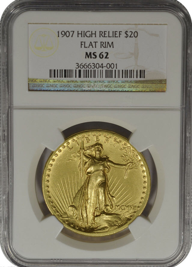 20ドル金貨セントゴーデンズ　ハイリリーフ1907 ＄20 NGC MS 62 Flat Rim